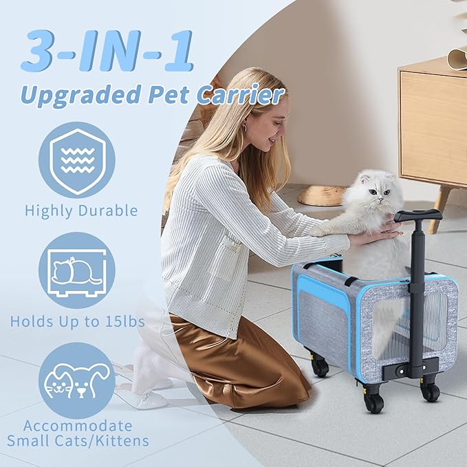 3-in-1 Upgraded Pet Carrier with Wheels, 18" x 11" x 11" TSA Airline Approved, Cat Carrier on Wheels for Small Cats Up to 15Lbs, Rolling Pet Carrier, Cat Soft-Sided Bag for Flying, Travel & Vet