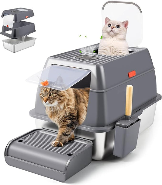 Stainless Steel Litter Box with Lid, XXL 23.6"L x 15.7"W x 15.7"H Enclosed High Sided Removable Metal Cat Litter Box with Top Entry, Scoop, Anti-Leakage, Non-Sticky, Easy Cleaning (Dark Grey)