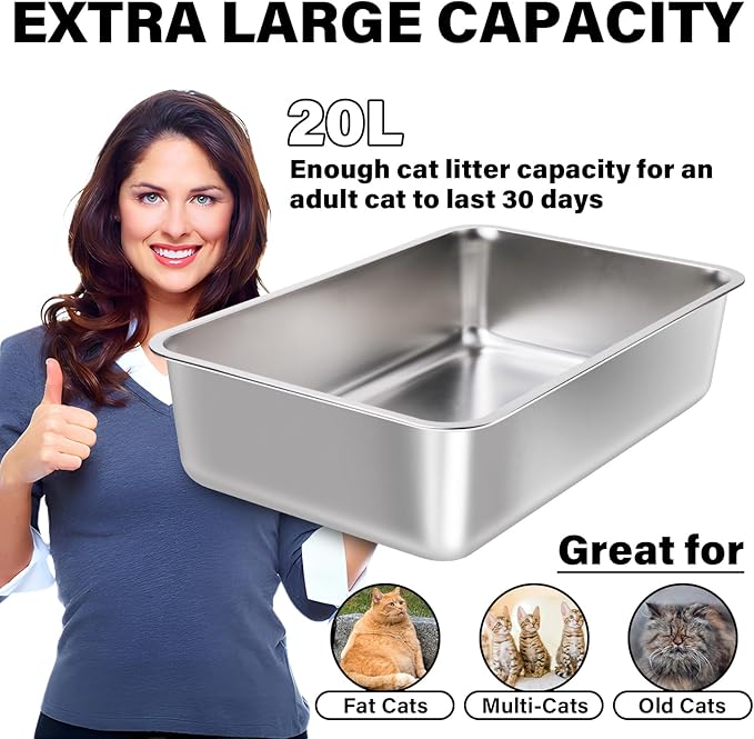Stainless Steel Litter Box 2 Pack, 23.6“x15.7"x6" Deep Stainless Steel Cat Litter Box Extra Large, XL Metal Litterbox for Big Cats with High Sides, Non Stick Surface, Easy to Clean