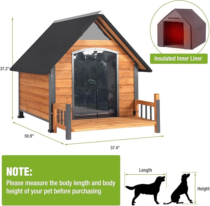 GUTINNEEN Outdoor Dog House Insulated Weatherproof Dog Kennel for Large Breed with All-Around Metal Frame, Anti-Bite Dog Shelter with Porch (Brown, 50.9'' Large)