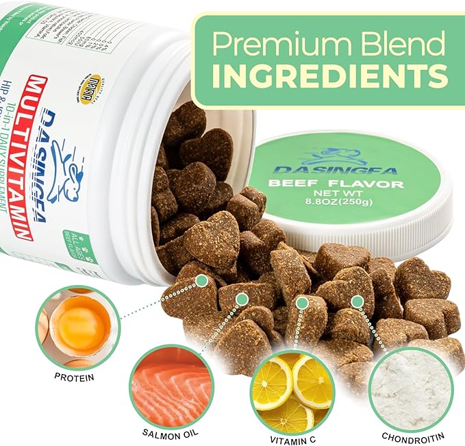 10-in-1 Dog Multivitamin Supplement, Calming Chews with Chondroitin & Probiotics, Mega Pack 8.8oz/250g (165 Chews), Supports Joint Health & Calming, Beef Flavor