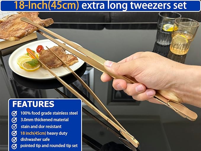 JETKONG 2 Pcs 18 Inch (45cm) Stainless Steel Grill Tongs Heavy Duty Giant Tweezer Tongs, Extra Large Tweezers Tools for Cooking, Grilling, BBQ and Turning Food (Rose Gold)