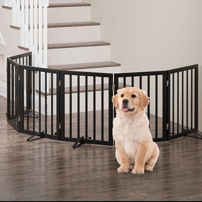 Freestanding Foldable Dog Gate - Indoor/Outdoor Pet Gate with Metal Support Feet - Room Divider, 6 Panels (Black)