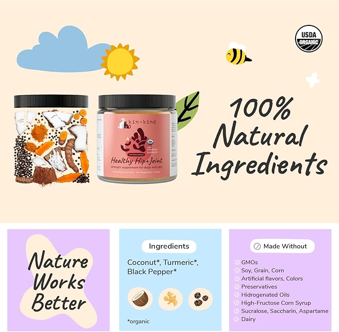 kin+kind Hip+Joint Supplement Dogs & Cats - Vet Formulated Natural Formula with Organic Turmeric, Black Pepper and Coconut- Made in USA - Bundle (3 x 4 oz)