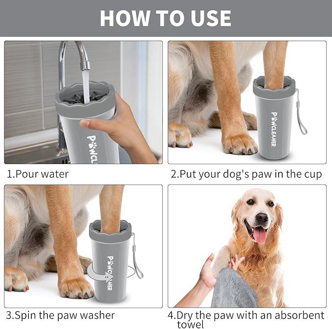 Comotech Dog Paw Washer with Bath Brush - Large, Grey (with 3 Absorbent Towels, Adjustable Handle for Long & Short Haired Dogs)