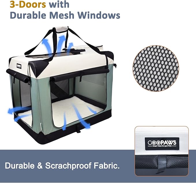 JESPET Soft Dog Crates Kennel for Pets, 3 Door Soft Sided Folding Travel Pet Carrier with Straps and Fleece Mat for Dogs, Cats, Indoor & Outdoor Use (5-Shale Green, X-Large(36" L x 24" W x 27" H))