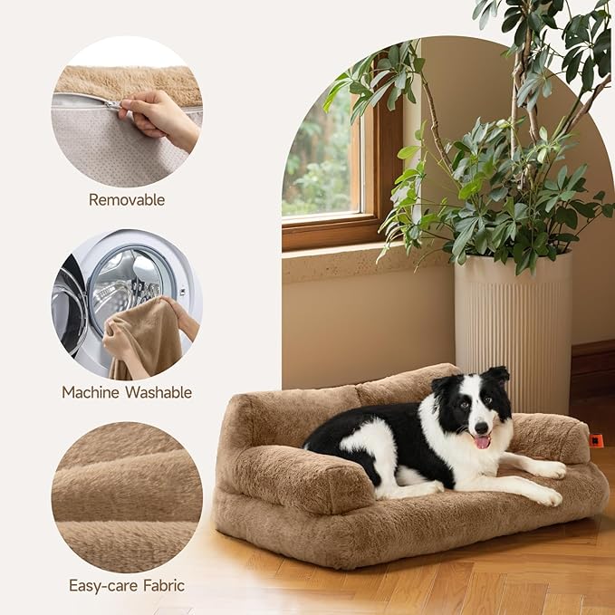 MEWOOFUN Cat Bed for Indoor Cats, Washable Dog Beds for Small Medium Dogs & Cats, Fluffy Cat Couch with Non-Slip Bottom, 26×19×13 Inch (Camel, 33.5" L x 25.6" W x 11.5" Th)