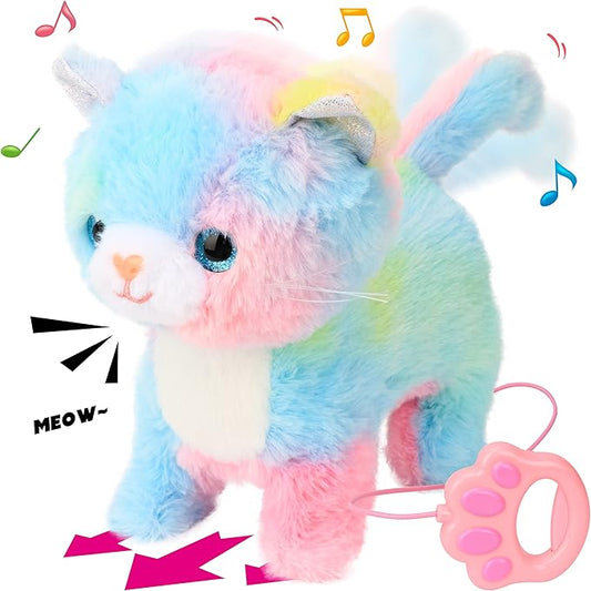 Hopearl Walking Cat Interactive Electronic Pet Singing Kitty Toy Remote Control Leash Animated Musical Kitten Miaow Wagging Tail Touch Recognition Gifts for Toddlers Birthday, Rainbow, 10.5''