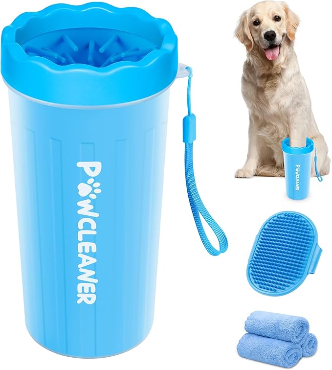 Comotech Dog Paw Cleaner with Bath Brush & Absorbent Towels - Adjustable Ring Handle for Long and Short-Haired Dogs (Large, Blue)