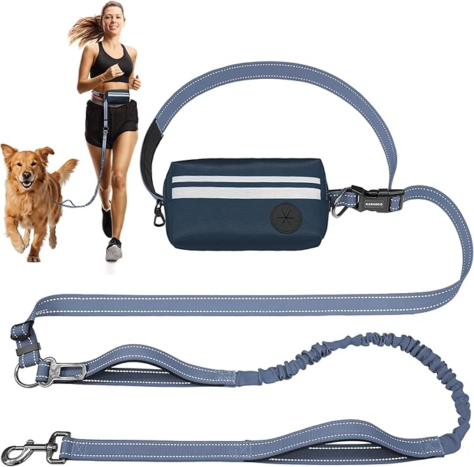 Hands Free Dog Leash with Removable Zipper Pouch, Dual Padded Handles and Durable Bungee for Walking, Jogging and Running-Navy Blue
