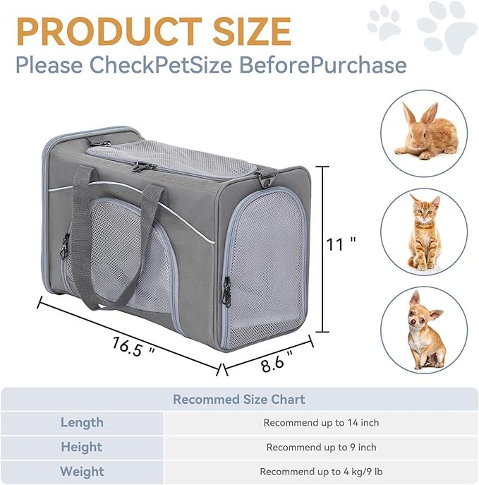 ‌Petsfit Airline Approved Pet Carrier for Small Cats, 16.5x8.6x11 TSA Approved Carrier, with Removable Dual-Sided Padding (2-Way Placement) - Fits Under Most Airplane Seats, Escape Proof (Gray)