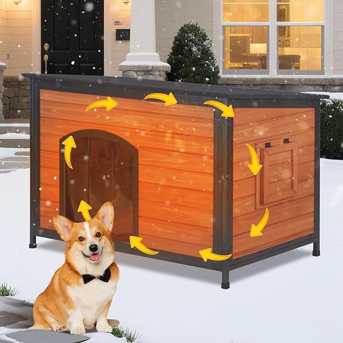Insulated Dog House Outdoor Weatherproof, Wooden Warm Houses with Upgrade Anti-Chewing Iron Frame Dog Shelter for Puppies