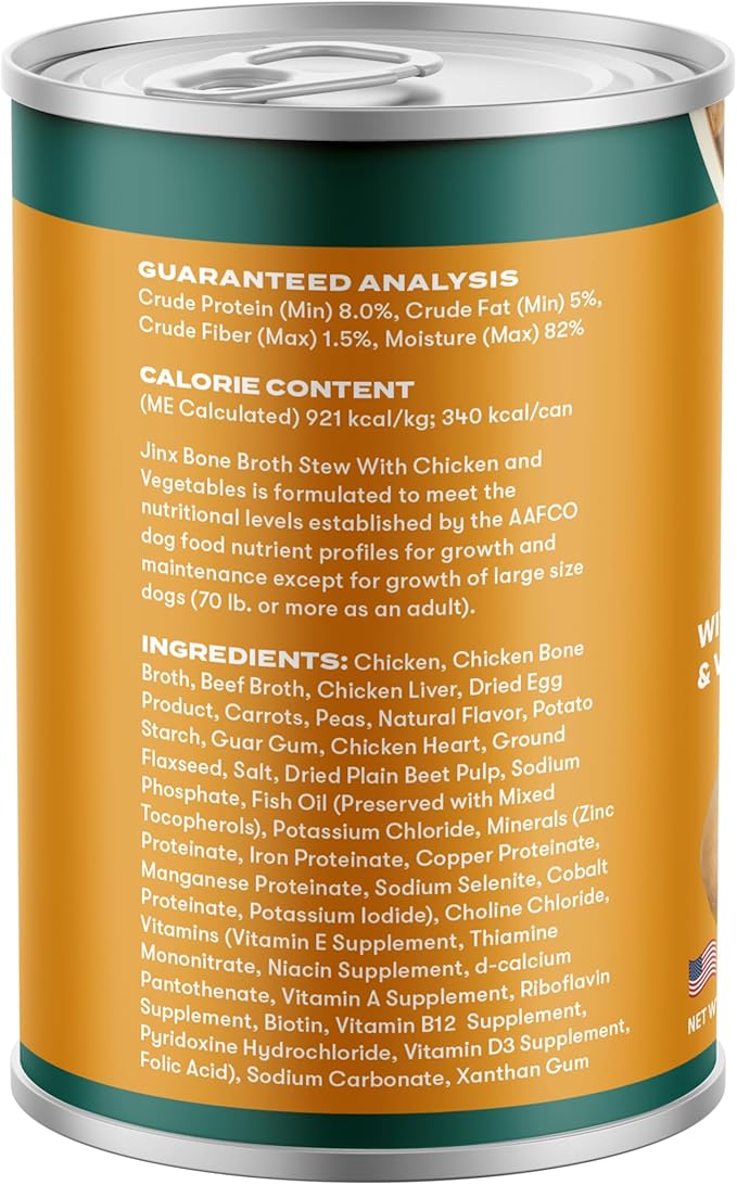 Jinx Bone Broth Stew for Dogs - Chicken & Vegetables Recipe - Grain-Free Wet Dog Food & Topper for Picky Eaters - Promotes Lean Muscle Growth, A Healthy Coat & Improved Digestion - 13 Oz, 12 Pack