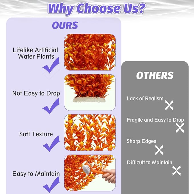 Hamiledyi Aquarium Plastic Plants Aquarium Decor Artificial Fish Tank Plants,Tall Fish Tank Decorations, Extra Large Aquarium Plant 23.6-inch Tall,2PCS（Orange Style A）