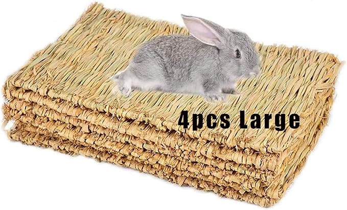 Hamiledyi Grass Mat Woven Bed Mat for Small Animal 4PCS Large Bunny Bedding Nest Chew Toy Bed Play Toy for Guinea Pig Parrot Rabbit Bunny Hamster Rat
