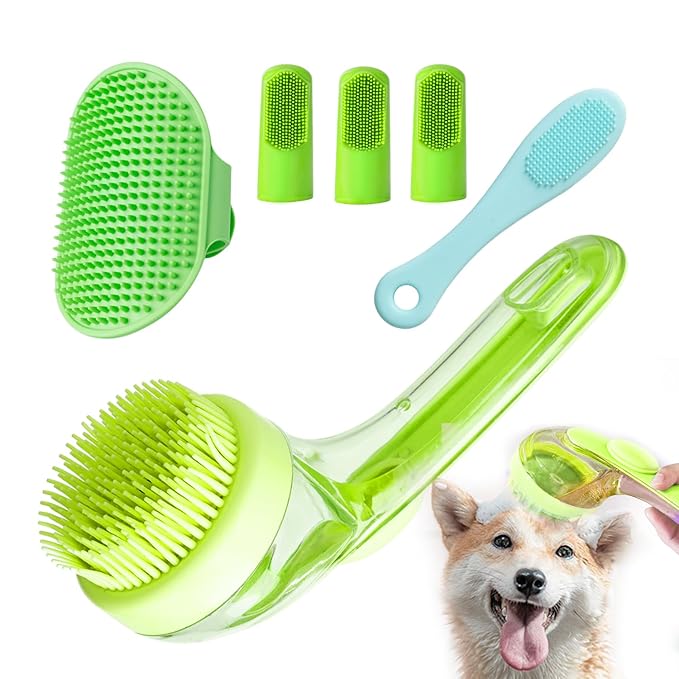 (6PCS) Pet Bath Set – Dog Bath Brush, Cat Chin Cleaning Brush, Dog Toothbrush, Adjustable Glove Massage Brush for Dogs & Cats (Long & Short Hair) (Green)