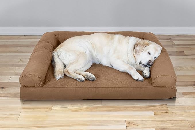 Furhaven Cooling Gel Dog Bed for Large Dogs w/ Removable Bolsters & Washable Cover, For Dogs Up to 95 lbs - Quilted Sofa - Toasted Brown, Jumbo/XL