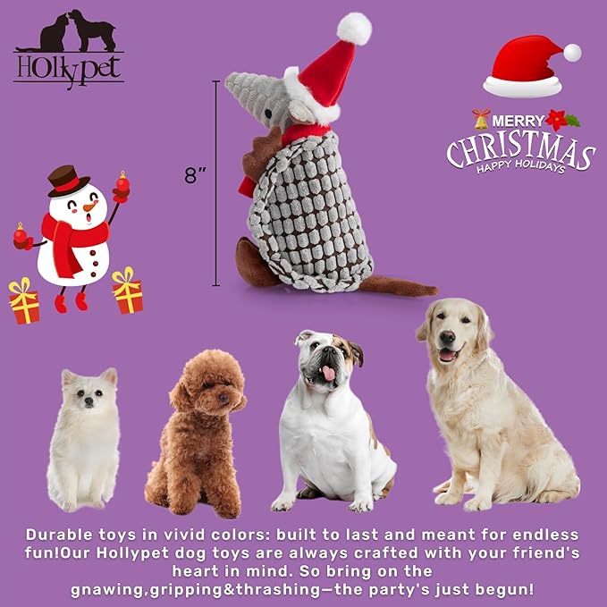 Hollypet Plush Dog Squeaky Toy Stuffed Armadillo Animal Pet Puppy Chew Toys with Clean Teeth for Small Medium Large All Breed Sizes Dogs, Christmas Gray, 8 in