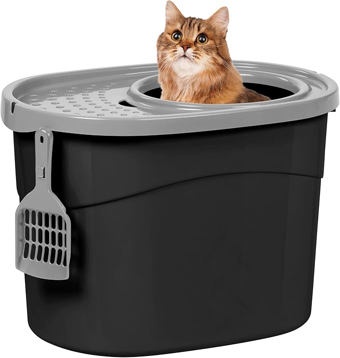 IRIS USA Top Entry Cat Litter Box, Large Enclosed with Litter Catching Lid and Scoop, Dog Proof, Cat Litter Box, Black/Gray