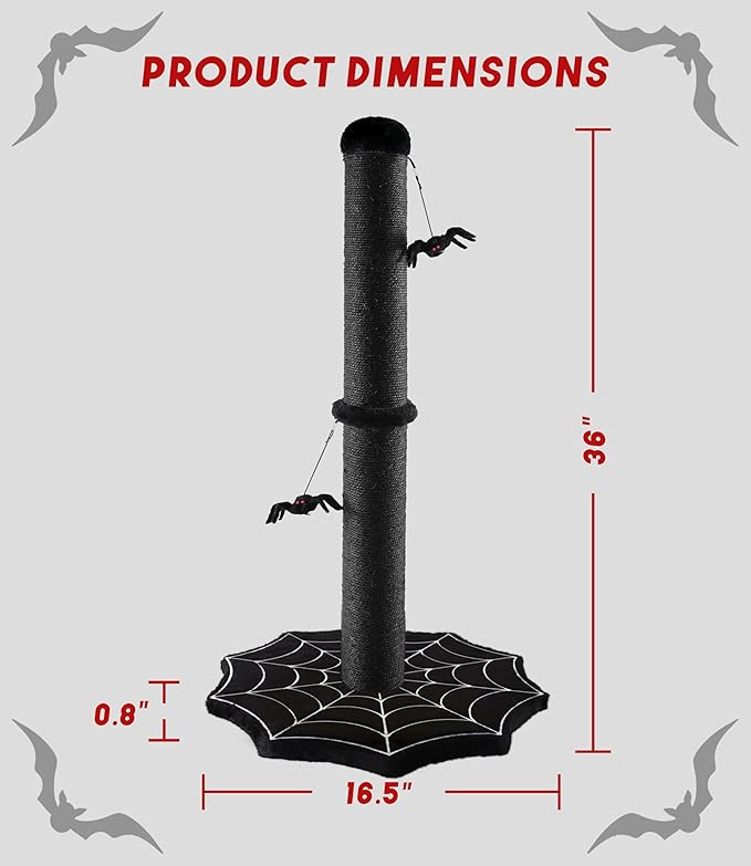 Gothic Cat Scratching Post with Spider Dangling Toys for Indoor Large Cats, Halloween Spooky Cat Scratcher,Activity Cat Play Center Cat Tree Tower Furniture with Cobweb Base,Black,Large