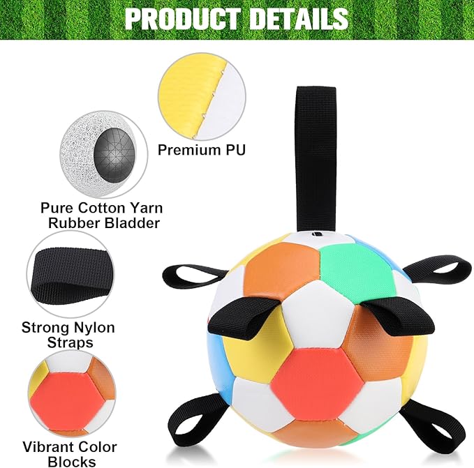 BINGPET Dog Toys Soccer Ball,Interactive Dog Toys Ball for Tug of War,Outdoor Dog Soccer Ball with Straps,Dog Water Toy,Puppy Birthday Gifts,Dog Tug Toy,Durable Dog Balls for Small and Medium Dogs