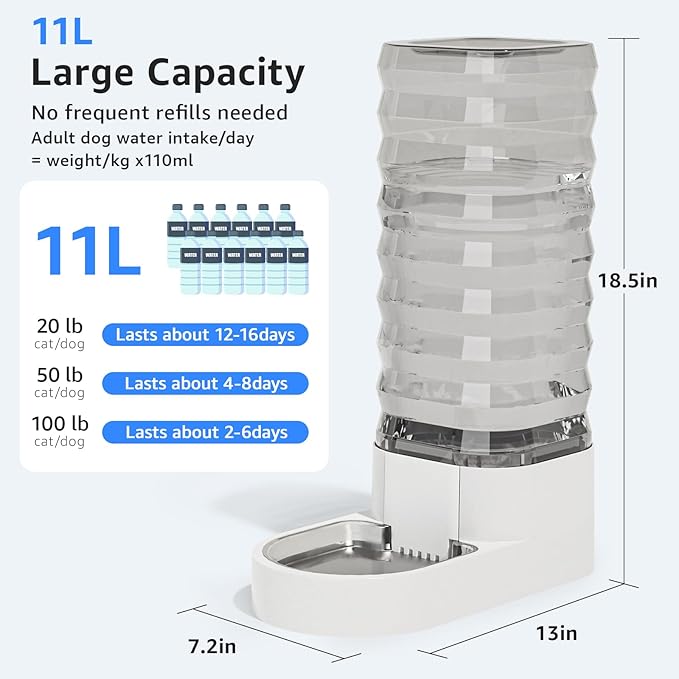 Gravity 11L Dog and Cat Water Bowl Dispenser, Automatic Stainless Steel Dog Water Bowl, 100% BPA-Free