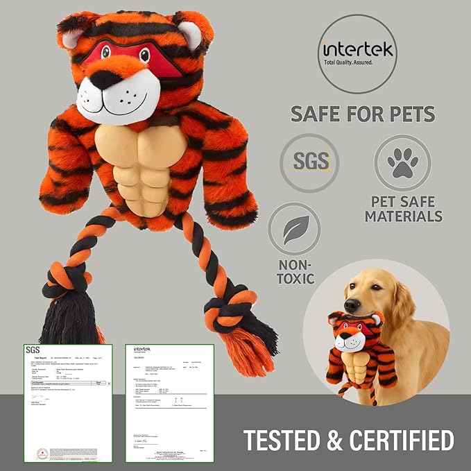 Durable Rope & Plush Dog Toy for Aggressive Chewers – Muscle Tiger Squeaky Tug Toy for Medium & Large Dogs, Interactive Chew & Play