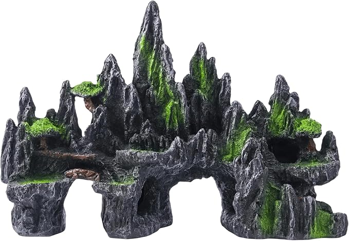 Large Fish Tank Decorations - Mountain View Aquarium Ornament with Tree House Cave Bridge,Large