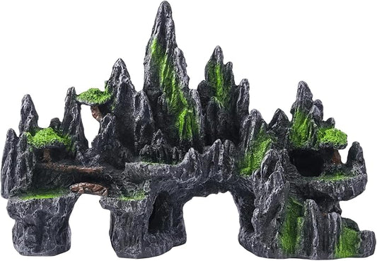 Large Fish Tank Decorations - Mountain View Aquarium Ornament with Tree House Cave Bridge,Large