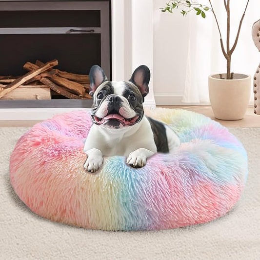 JOLLYVOGUE Calming Dog & Cat Bed for Small Dogs, Anti-Anxiety Donut Cuddler Cozy Soft Round Bed with Anti-Slip Bottom, Fluffy Faux Fur Plush Cushion Beds for Small Medium Dogs, 20"/Rainbow