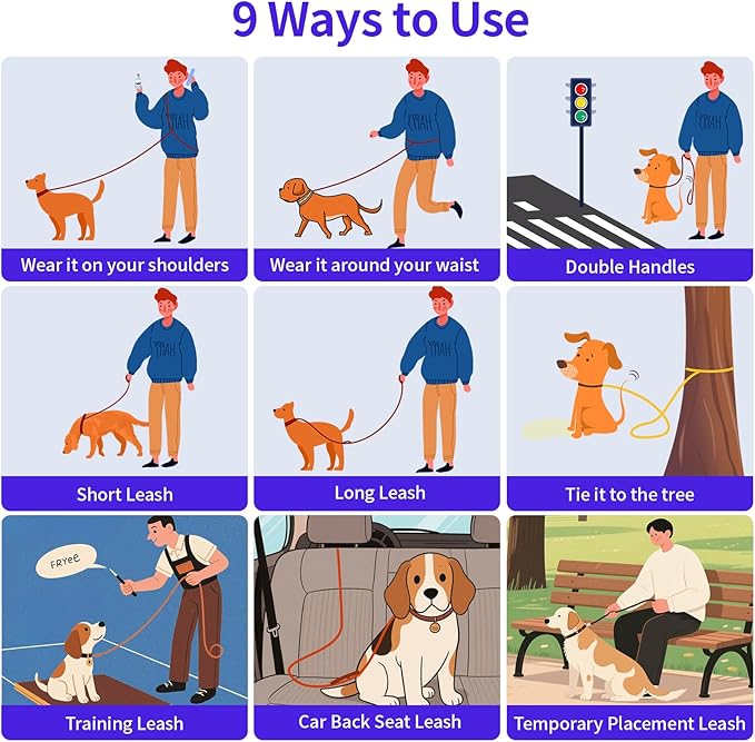 Hands-Free Dog Leash with Adjustable Length 6-9FT + Dual Padded Handles Reflective Safety for Walking, Jogging & Training | Suitable for Medium to Large Dogs & Puppies Purple-L