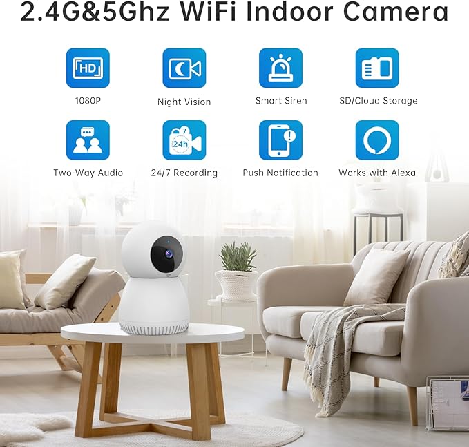 Indoor Camera 5G& 2.4GHz WiFi, 360 Pan/Tilt Cameras for Home Security, 1080P Baby/Pet Camera with Phone App Motion Detection, 2-Way Talk, Night Vision, Siren Alarm, Compatible with Alexa 2Pack