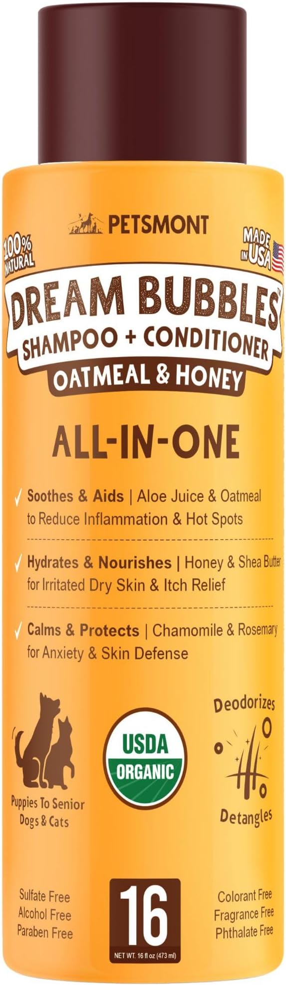 Petsmont Dream Bubbles Organic Shampoo + Conditioner for Dogs and Cats - Oatmeal Shampoo for Sensitive Skin, Anti Itch Conditioner 2 in 1 Dog Itch Relief - 16oz