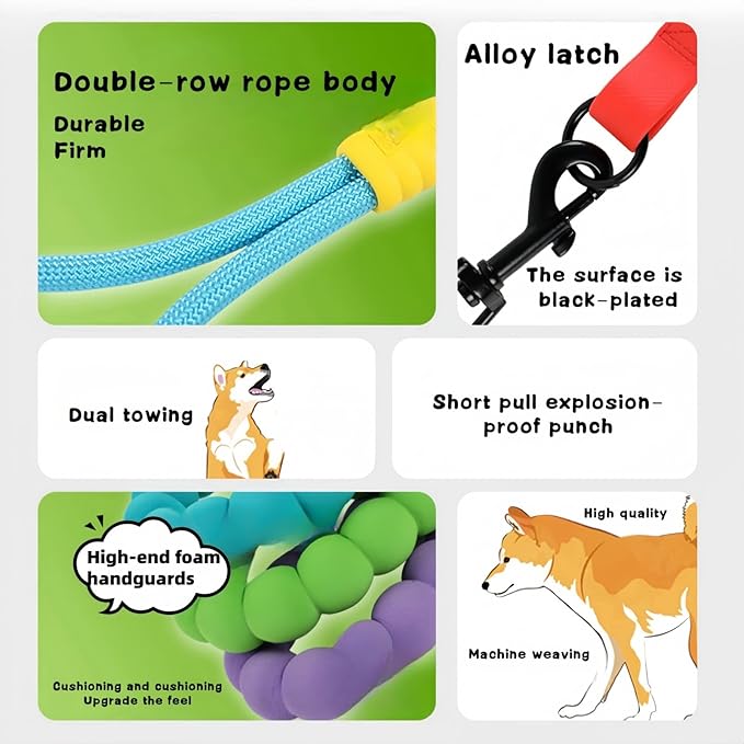 Hands Free Dog Leash Dual Handle, Wearable Leashes for Dog, Padded Waist Belts and Rotating Metal Clip, 4.5 FT for Small Medium Large Dogs (18+ lbs) Walking Training Running (Purple Green)