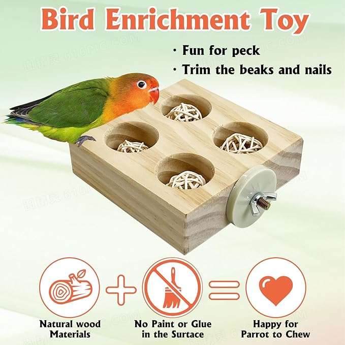 Hamiledyi Small Bird Foraging Toys,Wood Interactive Parakeet Toys for Cage, Bird Enrichment Toys for Conure Slow Feeder, Budgie Cage Toys Puzzle, Parrot Toys for Lovebirds Small Sized Birds(Medium)