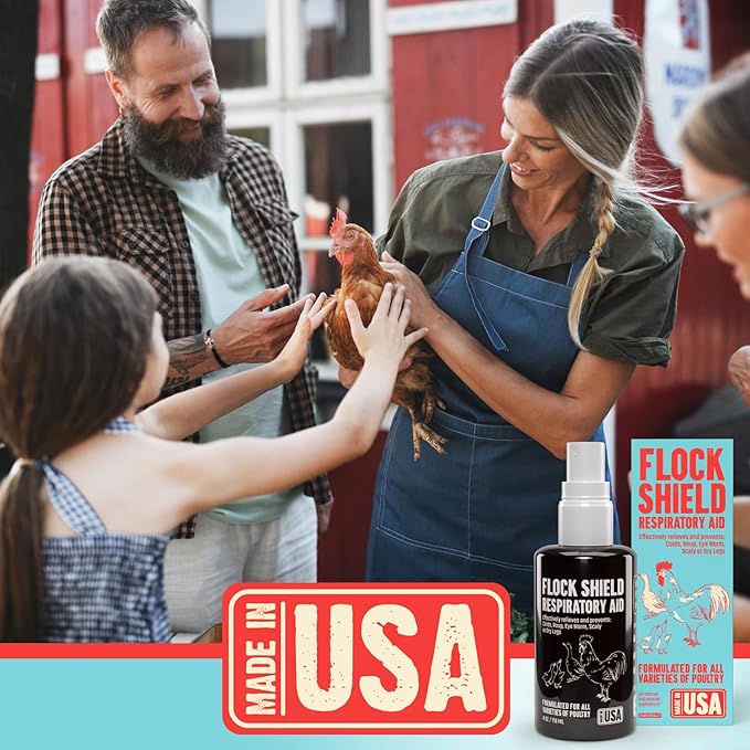 Flock Shield Respiratory Aid for Poultry - [Made in USA] - 4oz Chicken Supplement, Rooster Booster for Respiratory System - Dropper, Spray Top Included - Safe for All Birds - Drinking Water Additive