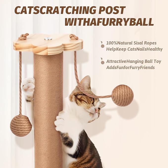 Kitten Scratching Post. 4 in 1 Wooden Cat Scratching Post. Kitten Toys for Indoor Cats with Leaky Food Ball and 2 Sisal Hanging Balls. 15.7" Cat Scratcher with 2 Cat Ball Tracks for Kittens