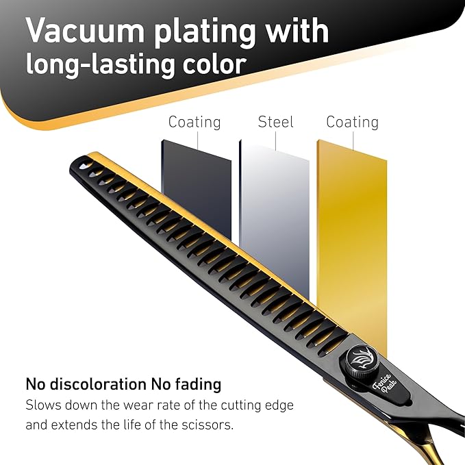 Fenice Peak 8'' Black Dog Grooming Scissors Goldern Chunker Dog Blending Scissors with Ergonomic Offest Handle and Pattern Screw Pet Grooming Thinner Blender Shears Durable and Sharp 440C