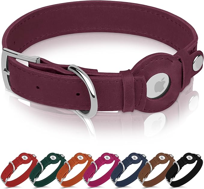 Leather Dog Collar with Airtag Holder - Apple AirTag Dog Collars - Soft Tracking Smart GPS Pet Collar for Small Medium Large Dogs Puppy (Burgundy, S, 9"-12" Neck Fit)