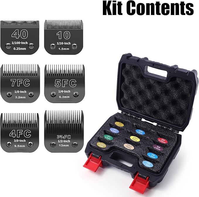 6 Packs Detachable Dog Grooming Steel Blades with Blade case Holder,Compatible with Andis,Oster A5,Wahl KM-10 Series,Cutting Length 1/100" to 1/2"(10+40+7FC+5FC+4FC+3-3/4FC-black)