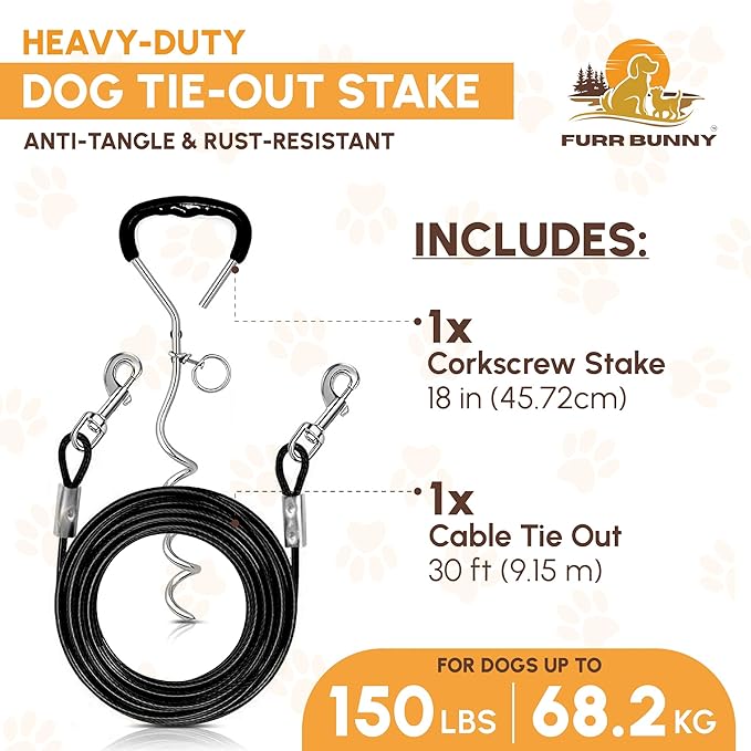 Heavy Duty Dog Tie Out Cable and Stake for Large to Extra Large Dogs Upto 150 LBs – Anti-Tangle, Rust-Resistant, 360° Swivel Leash System – 18 Inches Spiral Anchor and 7mm 30 FT Long Leash