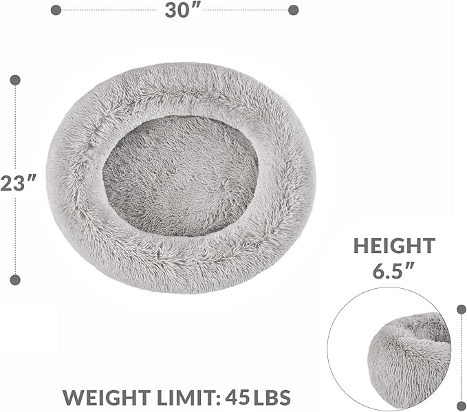 Friends Forever Serena Donut Memory Foam Orthopedic Dog Bed, Soft Faux Fur Oval Cat Couch For Indoor Pet, Fluffy Calming Plush Shag, Round Raised Bolster Cushion, Machine Washable Cuddler, Grey