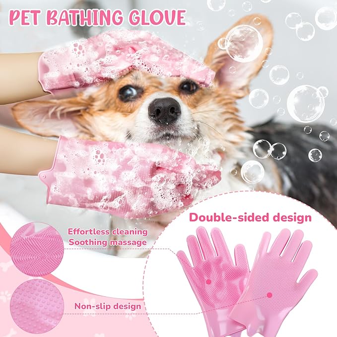 Dog Grooming Kit for Shedding – 8-Piece Pet Grooming Supplies with Deshedding Brush, Bath Gloves, Towels & Silicone Toothbrush | Ideal for Dogs, Cats, Small and Large Pets (Pink)