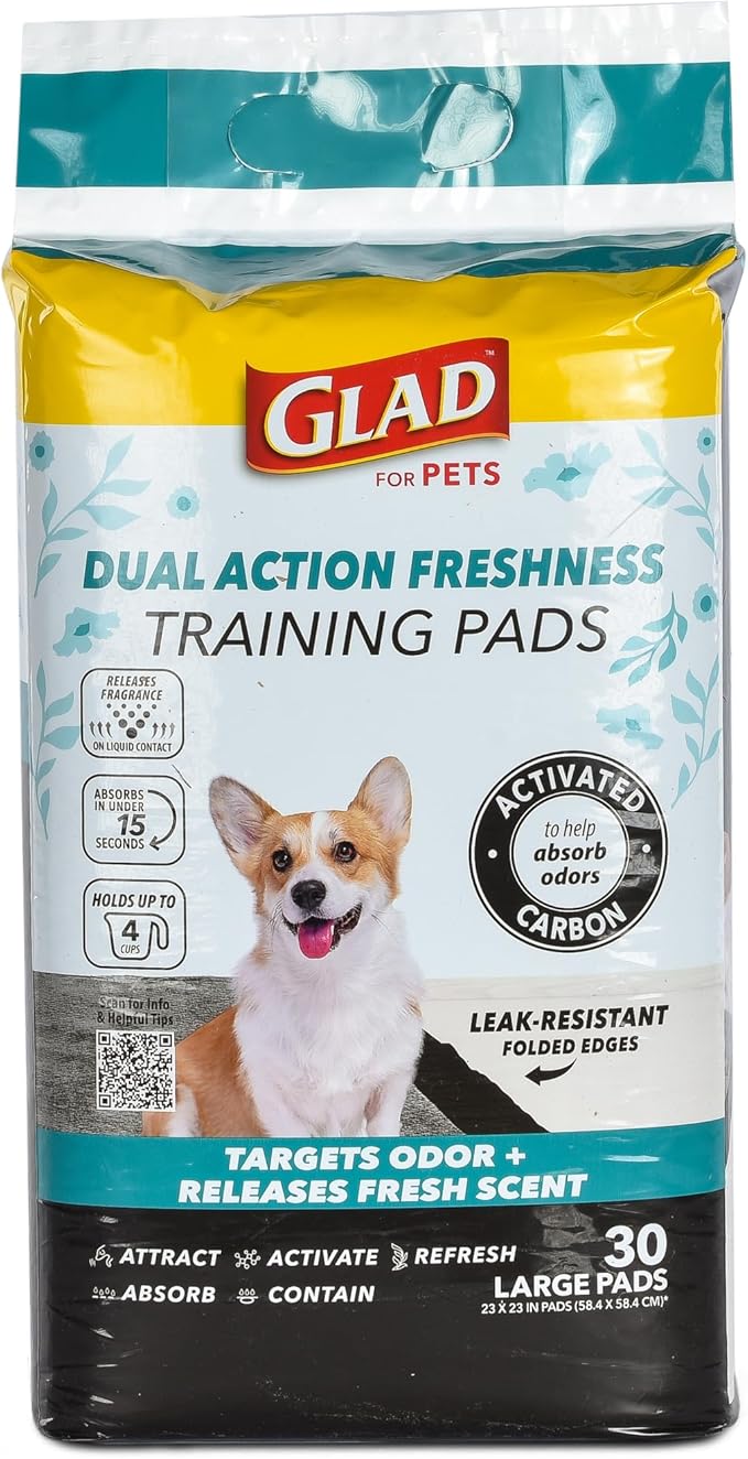 Glad for Pets Dual Action Freshness Activated Carbon Puppy Training Pads with Fragrance Release, Scented Pee Pads, Ultra Absorbent, Odor Control. 23"x23" 30ct