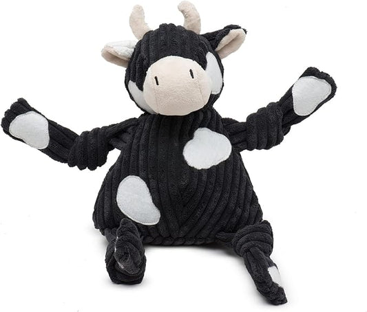 HuggleHounds Knottie Plush Dog Toy - Dog Stuffed Animal Toy, Puppy Toys, Squeaky Dog Toy for Small, Medium & Large Dogs, Durable Plush to Keep Them Busy - Angus Cow, Small