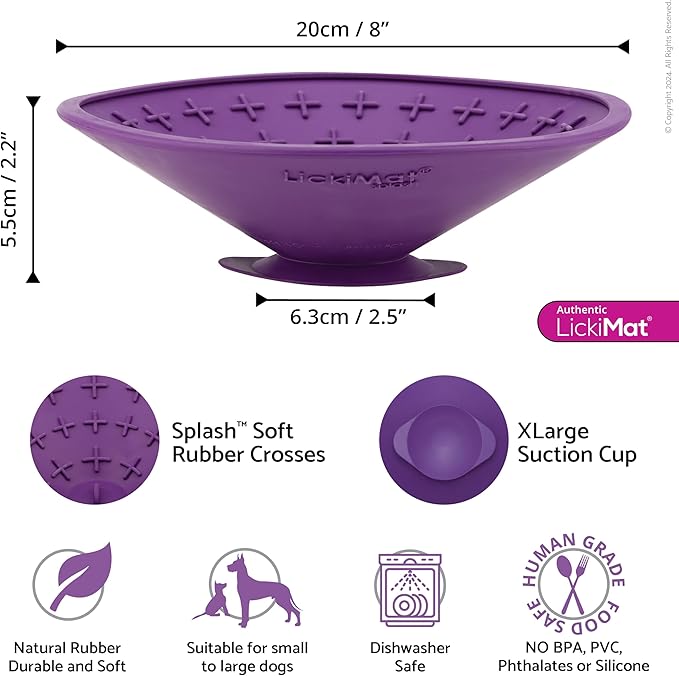 LickiMat Splash, Dog Slow Feeder Bowl Lick Mat, Boredom Anxiety Reducer, Sticks to Smooth Surface; Perfect for Food, Treats, Yogurt, or Peanut Butter. Fun Alternative to a Slow Feed Dog Bowl, Purple