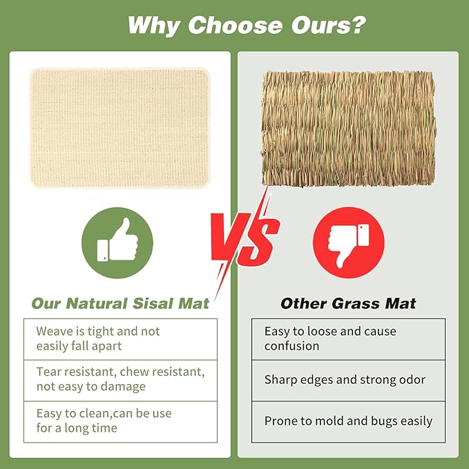 FHTONGE 2 Pcs Sisal Rabbit Scratching Mats for Cage Bedding, Bunny Scratch Pads Rabbit Mats with Non-Slip Base, Rabbits Chew Toys Grass Mats for Claws Teeth Grinding Biting Sleeping Nesting Cooling