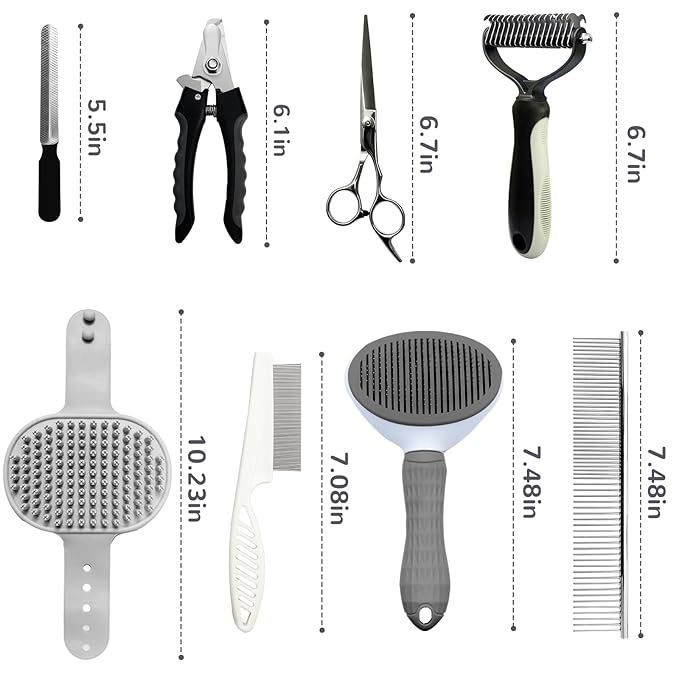 Dog Brush & Grooming Kit – 9-Piece Pet Brush & Deshedding Set for Shedding, Bathing, Trimming & Nail Care | Grooming Tools for Dogs & Cats, Includes Comb, Nail Clipper, Scissors, Slicker Brush (Gray)