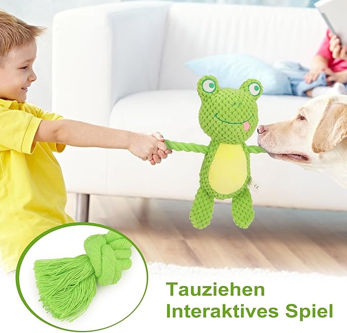 Dog Toys, Dog Squeaker Toys with Crinkle Paper, Stuffed Animal Dog Plush Chewing Toy, Cotton Rope Interactive Toys for Puppy, Small, Middle Dogs (Green Frog)