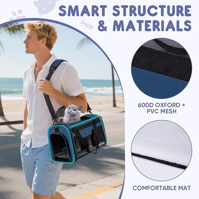 BALEINE Cat Carrier, Puppy Dog Carrier for Small Medium Pets Up to 22 Lbs, Soft-Sided Dog Travel Bag with Safety Zippers, Collapsible Pet Carrying Case (Blue, XL, 19"x12"x12")